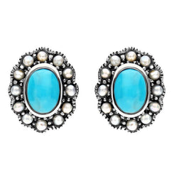 Sterling Silver Turquoise Pearl Oval Beaded Edge Stud Earrings. E1632.