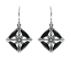 Sterling Silver Whitby Jet 4 Stone Square Cross Drop Earrings. E1954