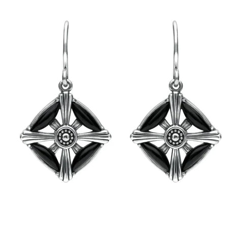 Sterling Silver Whitby Jet 4 Stone Square Cross Drop Earrings. E1954