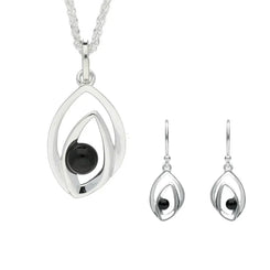 Sterling Silver Whitby Jet Abstract Flame Two Piece Set