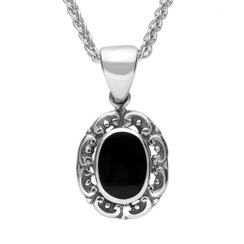 Sterling Silver Whitby Jet Antique Frame Necklace. P128.
