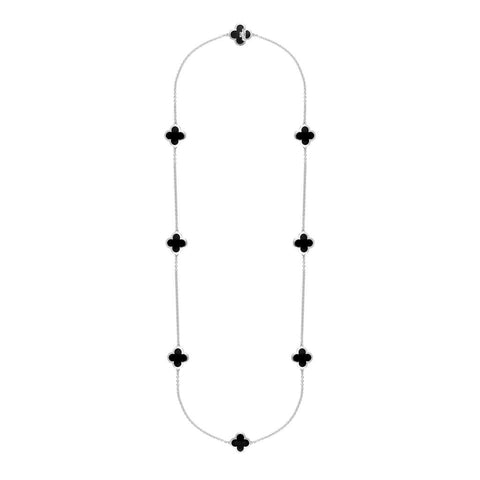 Sterling Silver Whitby Jet Bloom Eight Stone Four Leaf Clover Chain Necklet, N1042