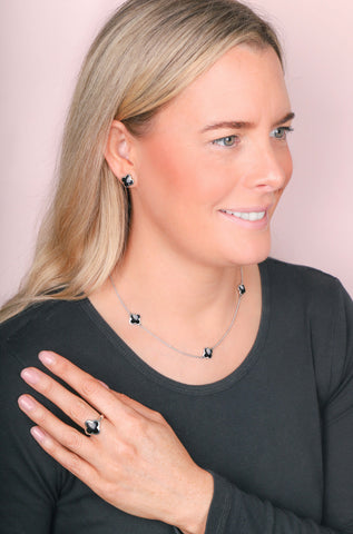 Sterling Silver Whitby Jet Bloom Four Leaf Clover Stud Earrings, E2465