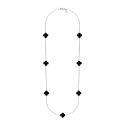 Sterling Silver Whitby Jet Bloom Seven Stone Four Leaf Clover Chain Necklet, N1040