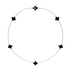 Sterling Silver Whitby Jet Bloom Six Stone Four Leaf Clover Chain Necklet, N1041