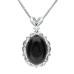 Sterling Silver Whitby Jet Carved Oval Necklace, P2742