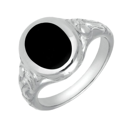 Sterling Silver Whitby Jet Carved Shoulder Oval Signet Ring. R099