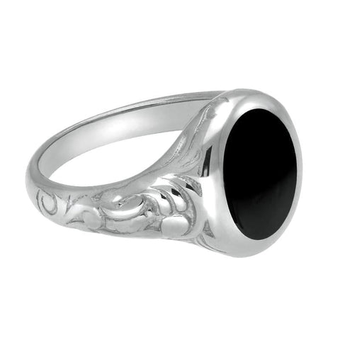 Sterling Silver Whitby Jet Carved Shoulder Oval Signet Ring. R099