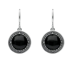 Sterling Silver Whitby Jet Circle Stone Oxidised Drop Earrings. E1927