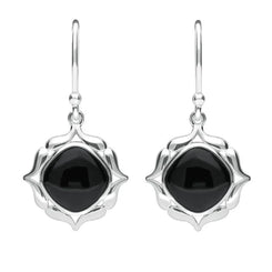 Sterling Silver Whitby Jet Cushion Fancy Edged Drop Earrings E2315