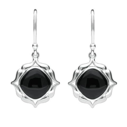 Sterling Silver Whitby Jet Cushion Fancy Edged Drop Earrings E2315