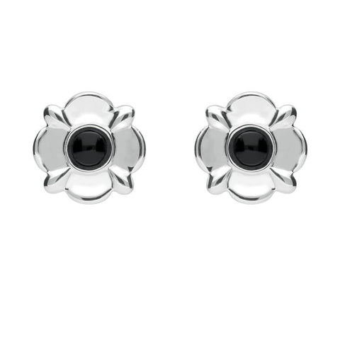 Sterling Silver Whitby Jet Four Petal Flower Stud Earrings E1624