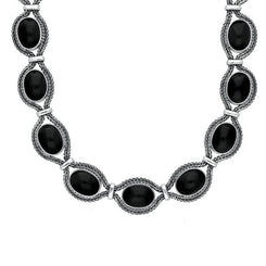 Sterling Silver Whitby Jet Foxtail Oval Fifteen Stone Necklace D
