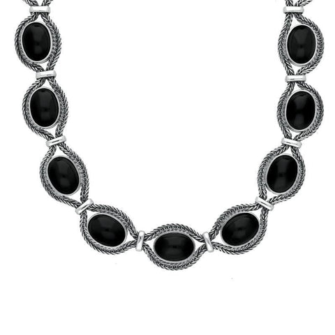 Sterling Silver Whitby Jet Foxtail Oval Fifteen Stone Necklace D