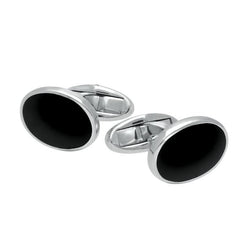 Sterling Silver Whitby Jet Framed Oval Cufflinks. CL496.