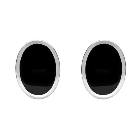 Sterling Silver Whitby Jet Framed Oval Stud Earrings. E016.