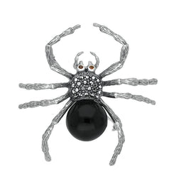 Sterling Silver Whitby Jet Garnet Marcasite House Style Large Spider Brooch. M343.