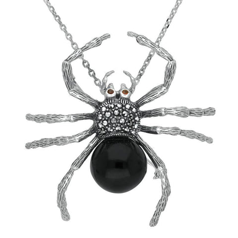 Sterling Silver Whitby Jet Garnet Marcasite House Style Large Spider Brooch. M343.