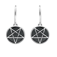 Sterling Silver Whitby Jet Inverse Pentagram Drop Earrings, E1412.