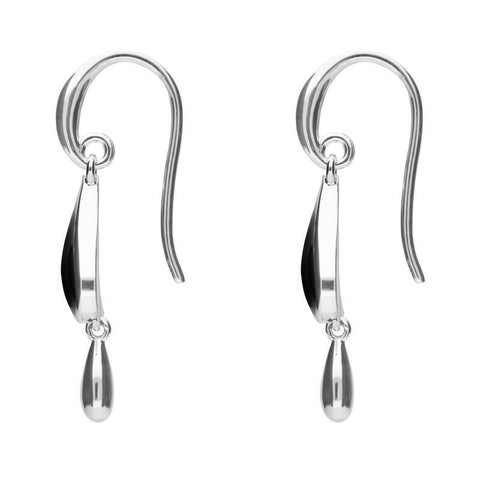 Sterling Silver Whitby Jet Heart Teardrop Hook Earrings. E2018.