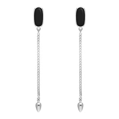 Sterling Silver Whitby Jet Lineaire Long Drop Stud Earrings. E2240.