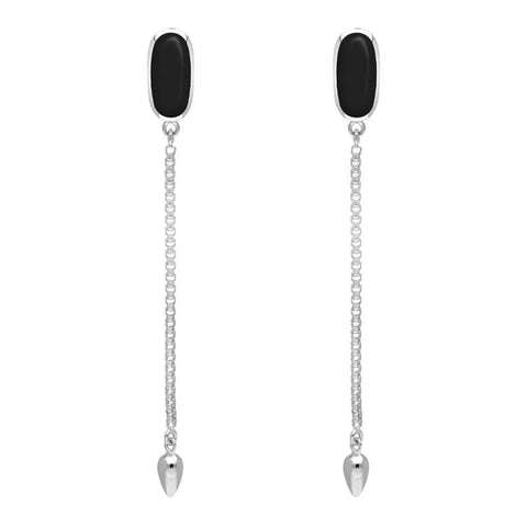 Sterling Silver Whitby Jet Lineaire Long Drop Stud Earrings. E2240.