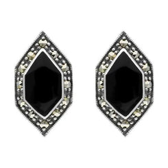 Sterling Silver Whitby Jet Marcasite Abstract Marqusie Stud Earrings, E1695.