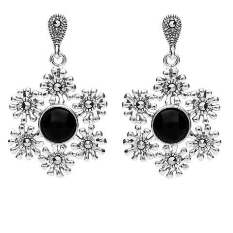 Sterling Silver Whitby Jet Marcasite Flower Petal Drop Stud Earrings E1784