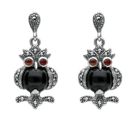 Sterling Silver Whitby Jet Marcasite Garnet Owl Two Piece Set