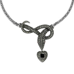 Sterling Silver Whitby Jet Marcasite Garnet Snake Necklace N1050