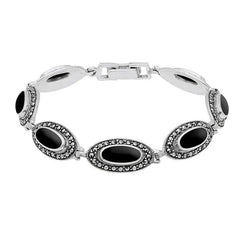 Sterling Silver Whitby Jet Marcasite Long Slim Oval Framed Bracelet. B876.
