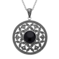 Sterling Silver Whitby Jet Marcasite Open Circle Necklace, P2142.