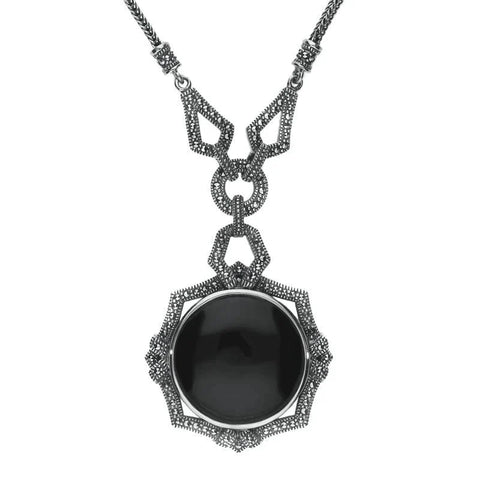 Sterling Silver Whitby Jet Marcasite Ornate Framed Necklace, N993.
