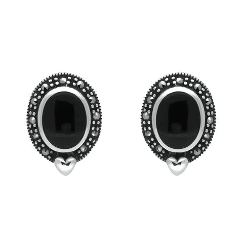 Sterling Silver Whitby Jet Marcasite Oval Framed Stud Earrings. E876.