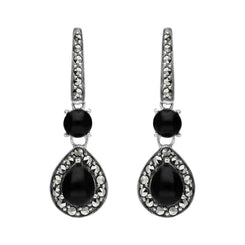 Sterling Silver Whitby Jet Marcasite Pear Drop Earrings E1703