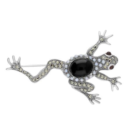 Sterling Silver Whitby Jet Marcasite Pearl Garnet Frog Brooch, M295.
