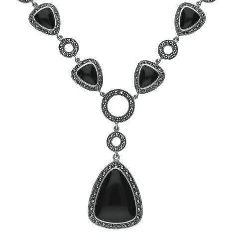 Sterling Silver Whitby Jet Marcasite Triangular Thirteen Stone Necklace, N995.
