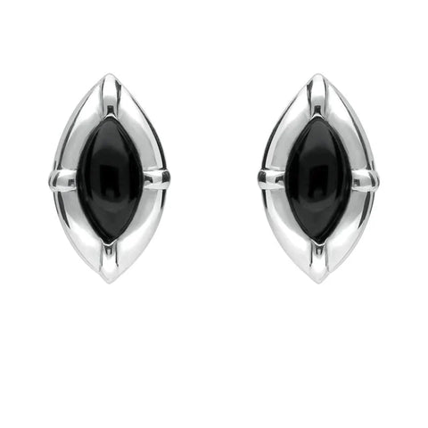 Sterling Silver Whitby Jet Marquise Beaded Edge Stud Earrings E1615