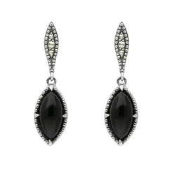 Sterling Silver Whitby Jet Marquise Long Drop Earrings E1702