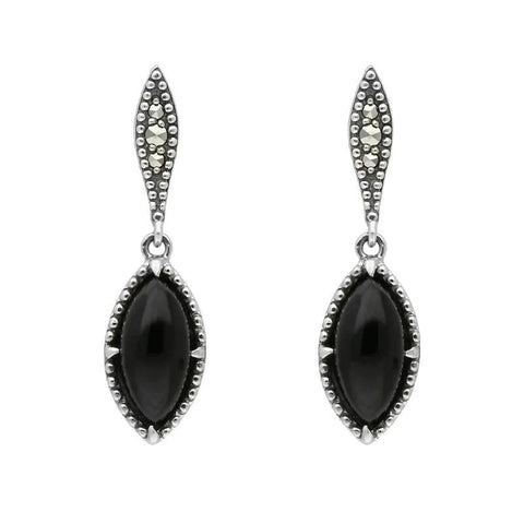 Sterling Silver Whitby Jet Marquise Long Drop Earrings E1702