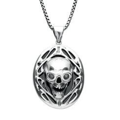 Sterling Silver Whitby Jet Medium Oval Skull Necklace, P2799.