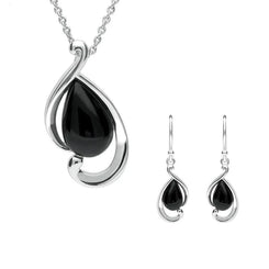 Sterling Silver Whitby Jet Open Fancy Pear Two Piece Set. S035
