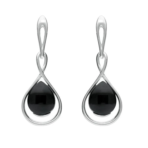 Sterling Silver Whitby Jet Open Pear Twist Drop Earrings E2440