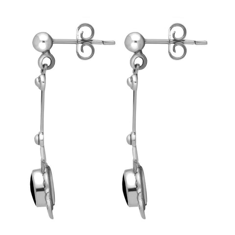 Sterling Silver Whitby Jet Ornate Antique Oval Drop Earrings. E053.