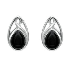 Sterling Silver Whitby Jet Pear Shaped Celtic Stud Earrings. E973.