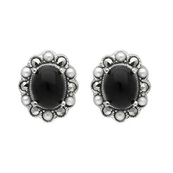 Sterling Silver Whitby Jet Pearl Marcasite Oval Beaded Edge Stud Earrings E1694