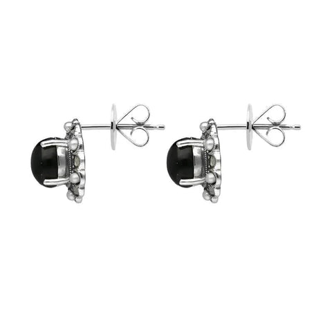 Sterling Silver Whitby Jet Pearl Marcasite Oval Beaded Edge Stud Earrings E1694