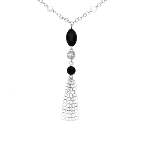 Sterling Silver Whitby Jet & Pearl Tassel Necklace. N822
