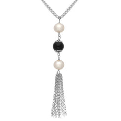 Sterling Silver Whitby Jet Pearl Triple Bead Tassel Necklace. N890.