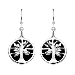 Sterling Silver Whitby Jet Round Tree of Life Drop Earrings E2485